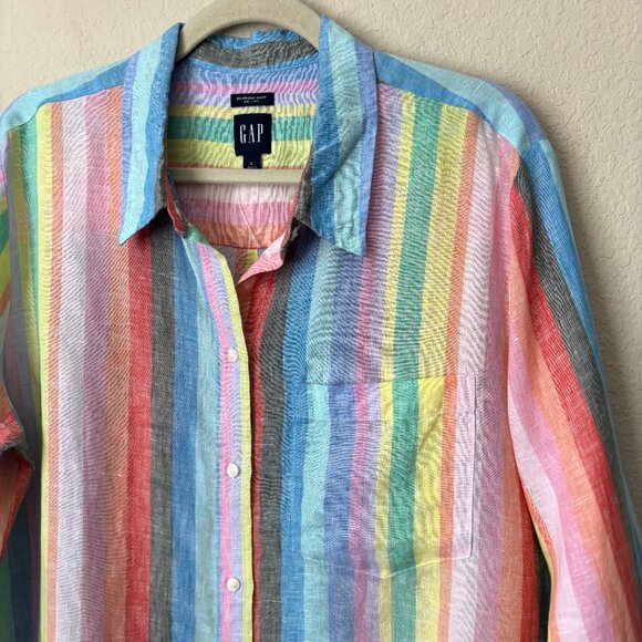GAP 100% Linen Rainbow Striped Oversized Boyfriend Button Up Shirt - Picture 4 of 13